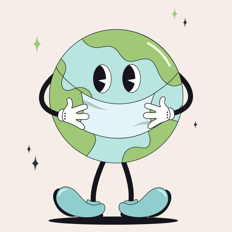 Retro groovy cartoon style earth planet.Earth Day. Cartoon cute earth planet character. Concept of World Environment Day in y2k style. World Environment Day. Save the Earth vector