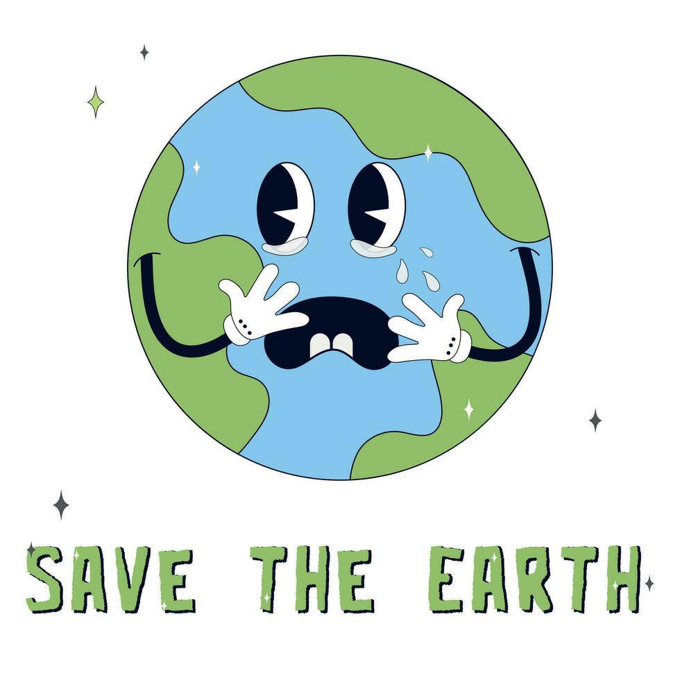 Retro groovy cartoon style earth planet.Earth Day. Save the Earth. Cartoon cute earth planet character. Concept of World Environment Day in retro style. 70s.World Environment Day vector