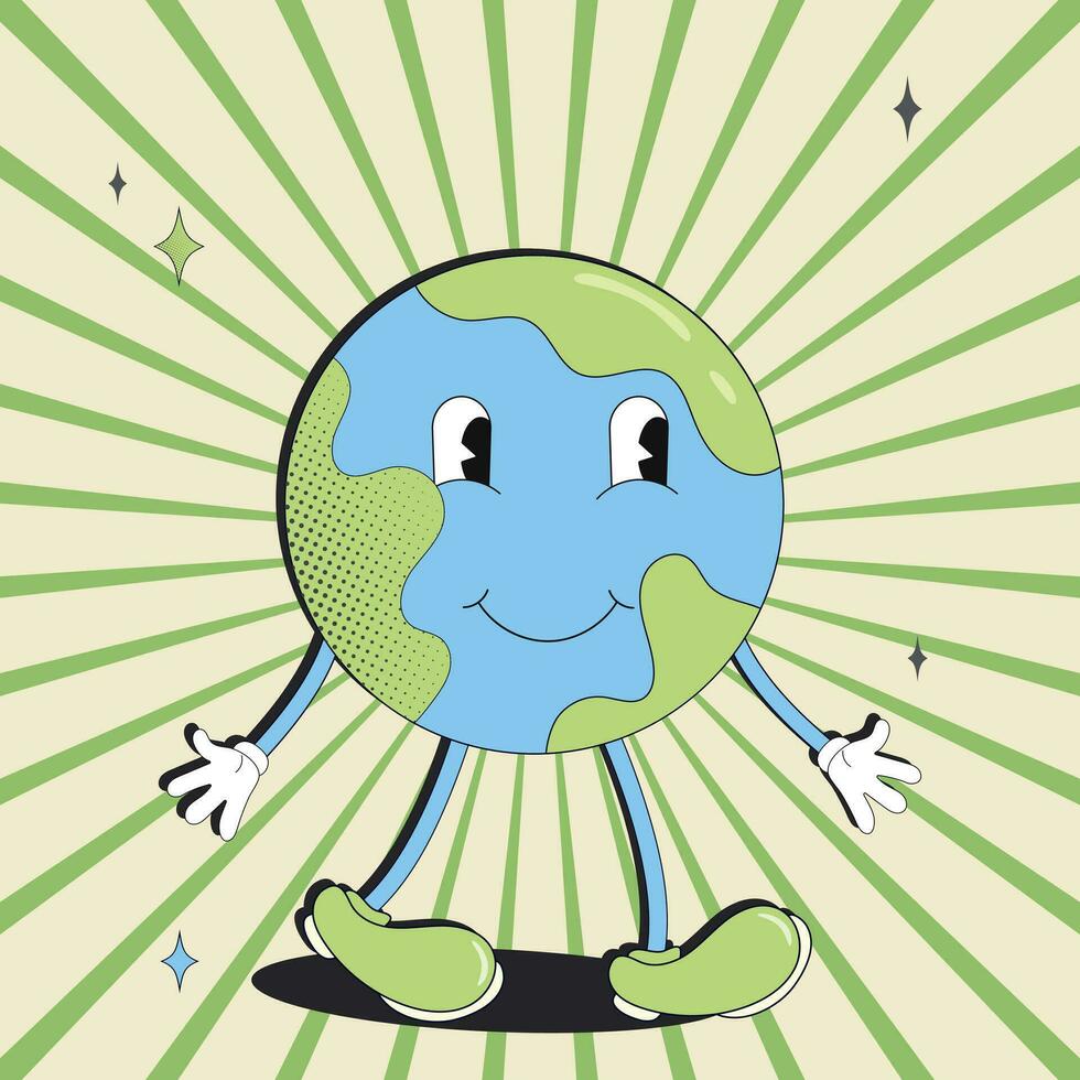 Retro groovy cartoon style earth planet.Earth Day.Save the Earth.Concept of World Environment Day in y2k style.Cartoon cute earth planet character. World Environment Day vector