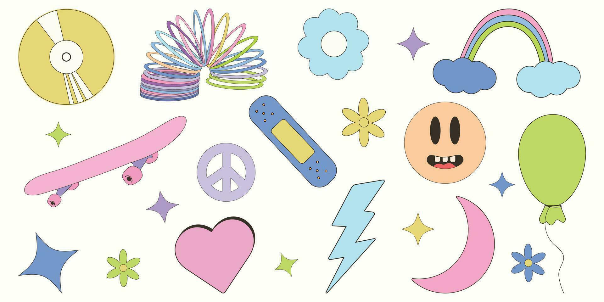 Y2k collection. y2k. 2000s.Retro y2k style.Cartoon style. Vector set of design elements.Retro elements.Retro hipster y2k set