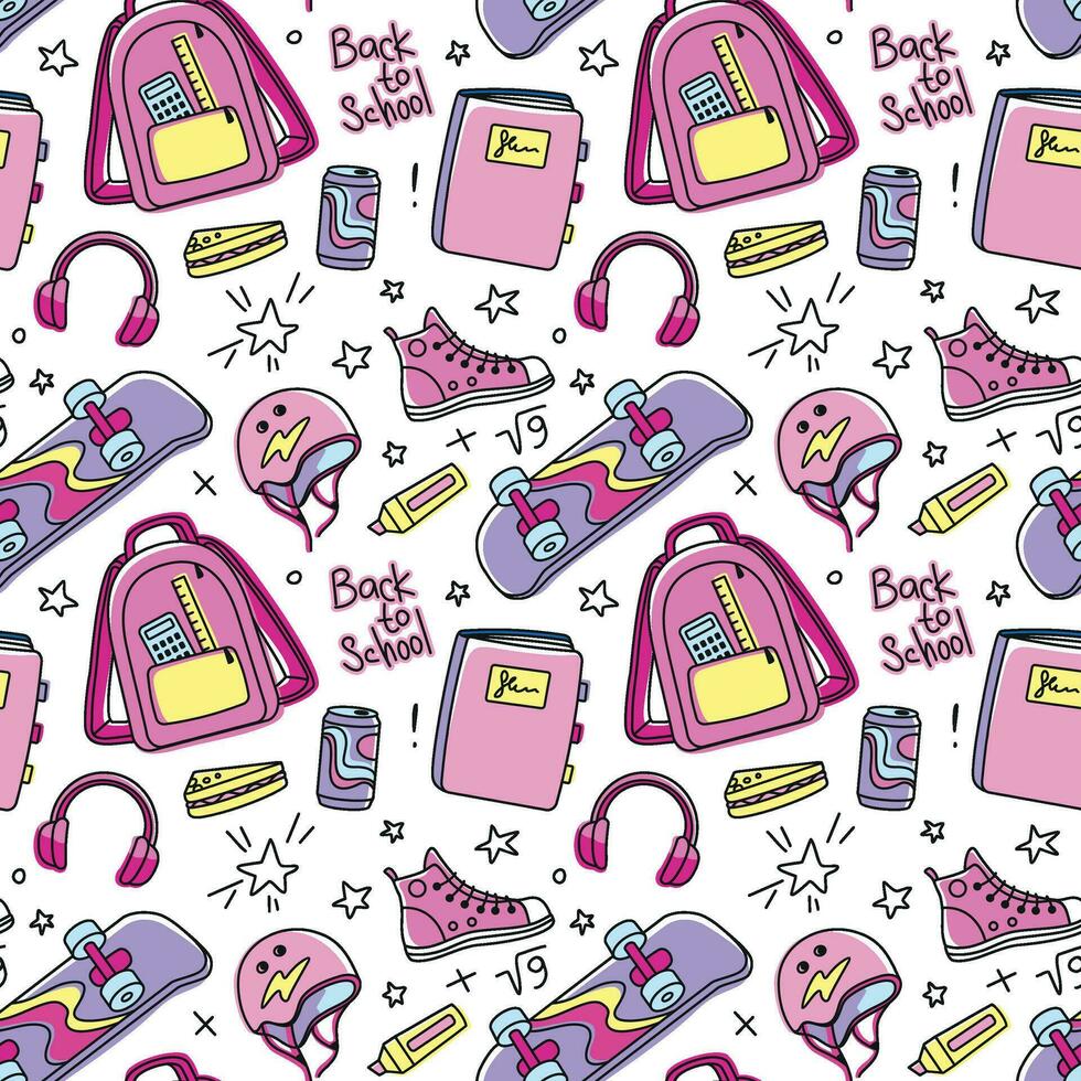School accessories of a teenager girl in pink colors. Back to school. Seamless pattern. Vector. vector