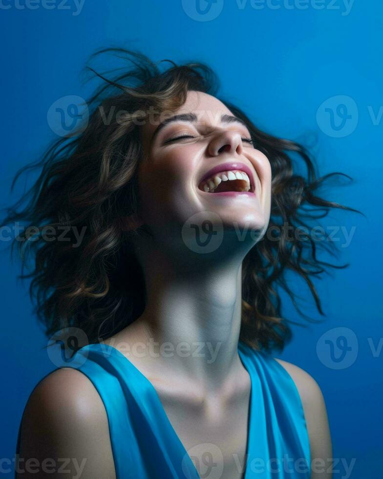 a woman laughing with her hair blowing in the wind generative ai photo