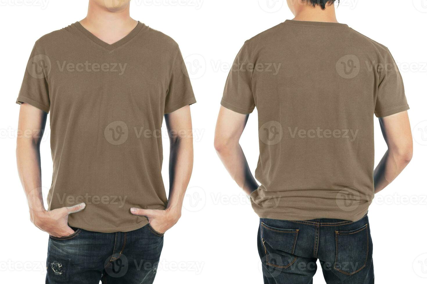 Close up of man in front and back brown shirt on white background. photo