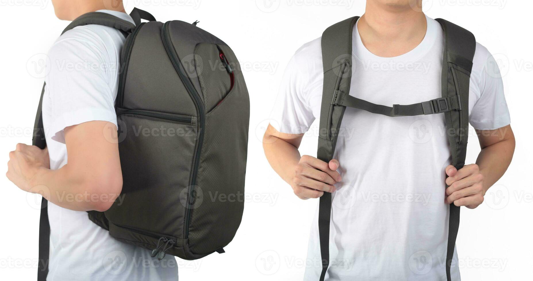 Young man standing with travel backpack equipments isolated white background photo