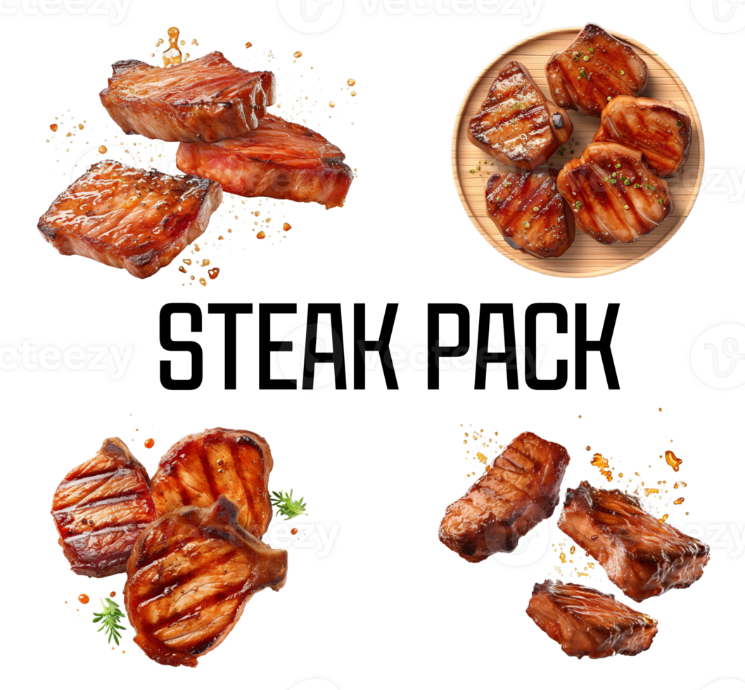 Grill Beef, Pork Chops steaks, realistic 3d brisket flying in the air, grilled meat collection, ultra realistic, icon, detailed, angle view food photo, steak composition png