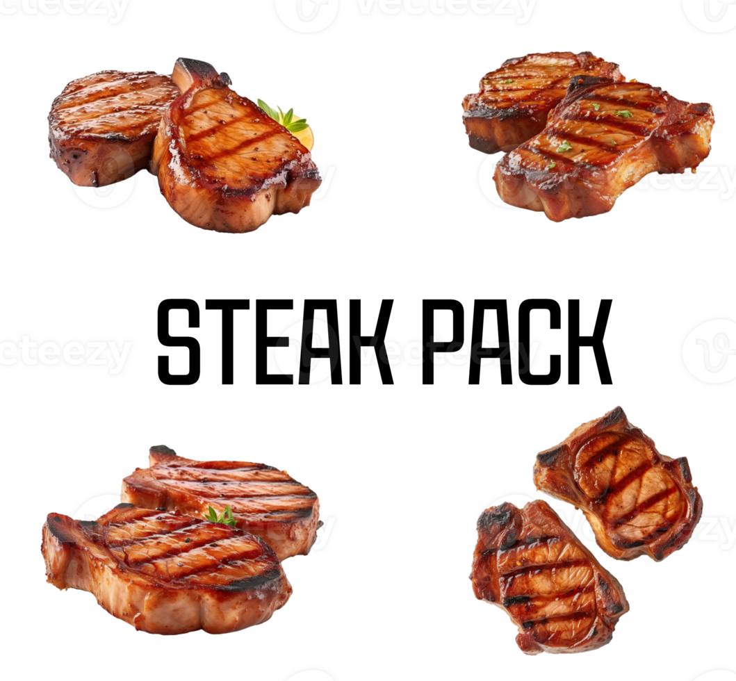 Grill Beef Pork Chops steaks set, realistic 3d brisket flying in the air, grilled meat collection, ultra realistic, icon, detailed, angle view food photo, steak composition png