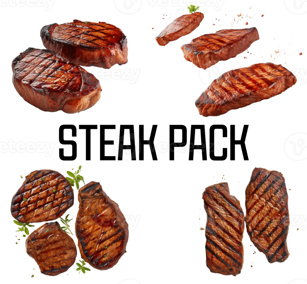 Grill Beef Pork Chops steaks set, realistic 3d brisket flying in the air, grilled meat collection, ultra realistic, icon, detailed, angle view food photo, steak composition png