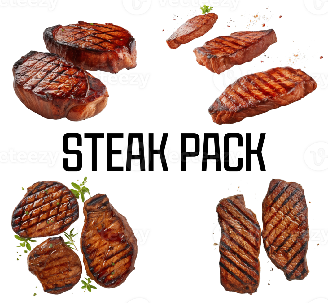 Grill Beef Pork Chops steaks set, realistic 3d brisket flying in the air, grilled meat collection, ultra realistic, icon, detailed, angle view food photo, steak composition png