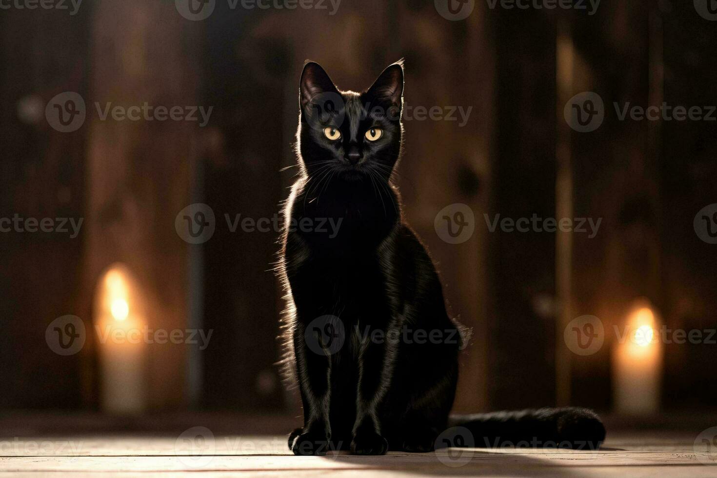 a black cat is sitting in front of candles generative AI photo