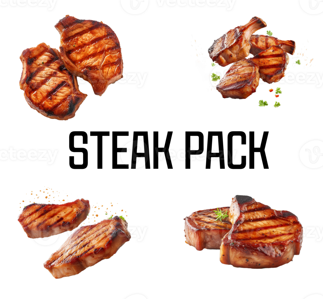 Grill Beef, Pork Chops steaks, realistic 3d brisket flying in the air, grilled meat collection, ultra realistic, icon, detailed, angle view food photo, steak composition png