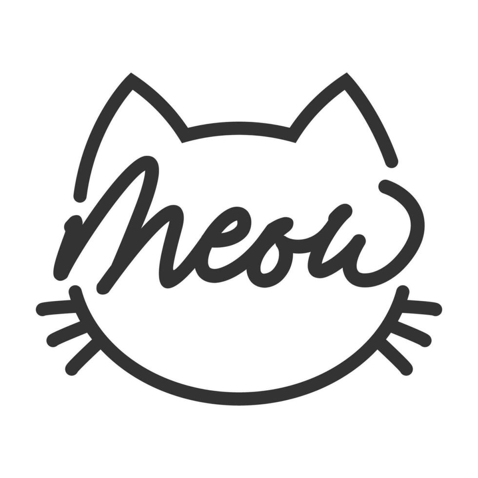 Meow lettering inside cat head pictogram, with ears and whiskers. Cute design for feline lovers and cat moms. vector