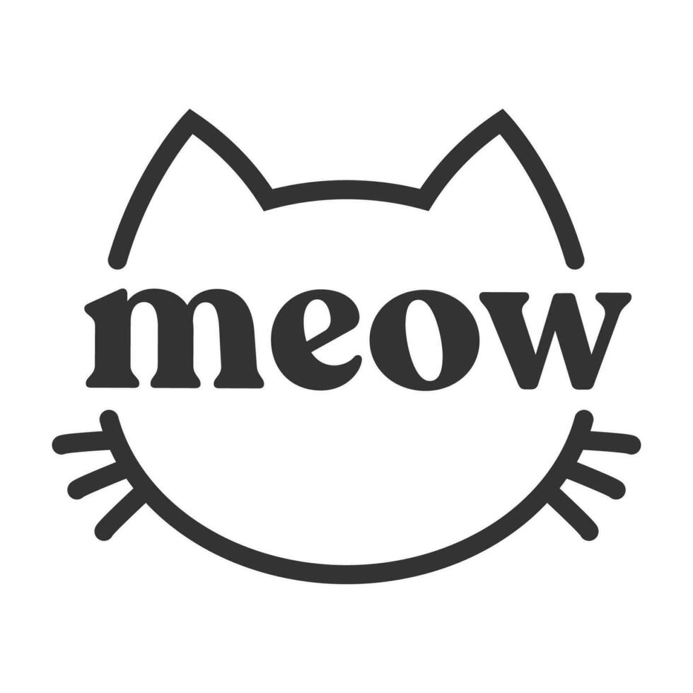 Meow lettering inside cat head pictogram, with ears and whiskers. Cute design for feline lovers and cat moms. vector