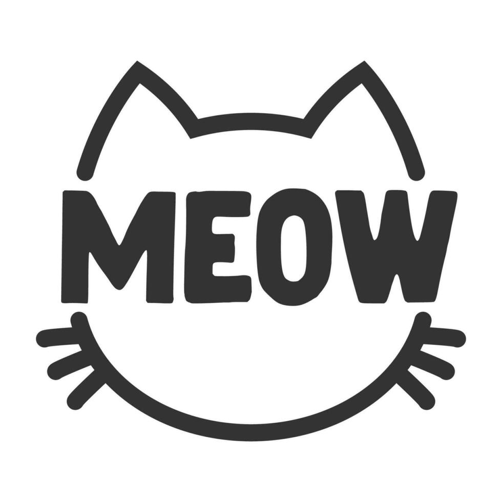 Meow lettering inside cat head pictogram, with ears and whiskers. Cute design for feline lovers and cat moms. vector