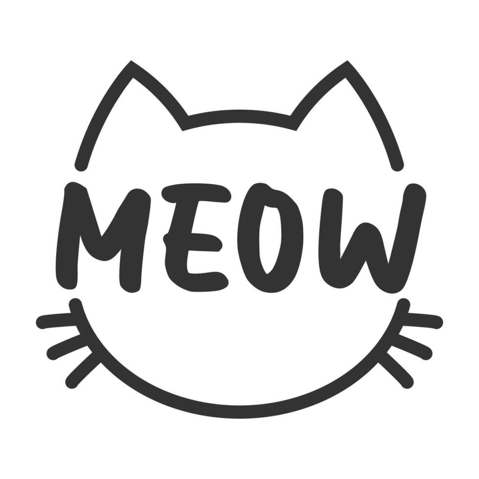 Meow lettering inside cat head pictogram, with ears and whiskers. Cute design for feline lovers and cat moms. vector