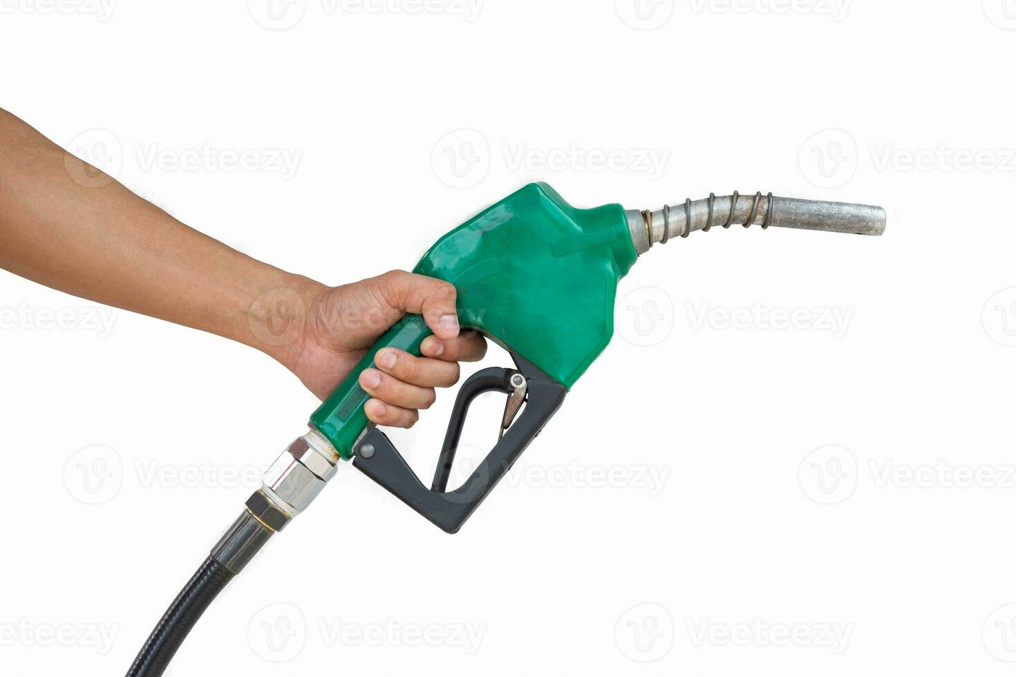 Man holding petrol pump isolated on white background. photo