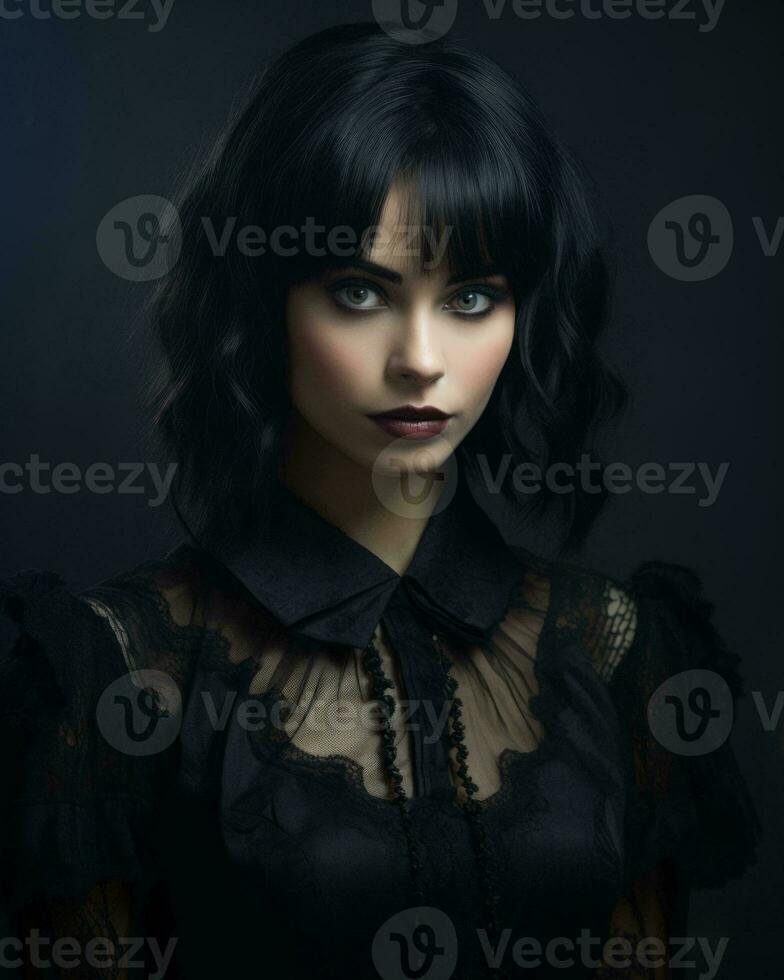 portrait of a beautiful young woman with black hair and dark eyes on a dark background generative ai photo