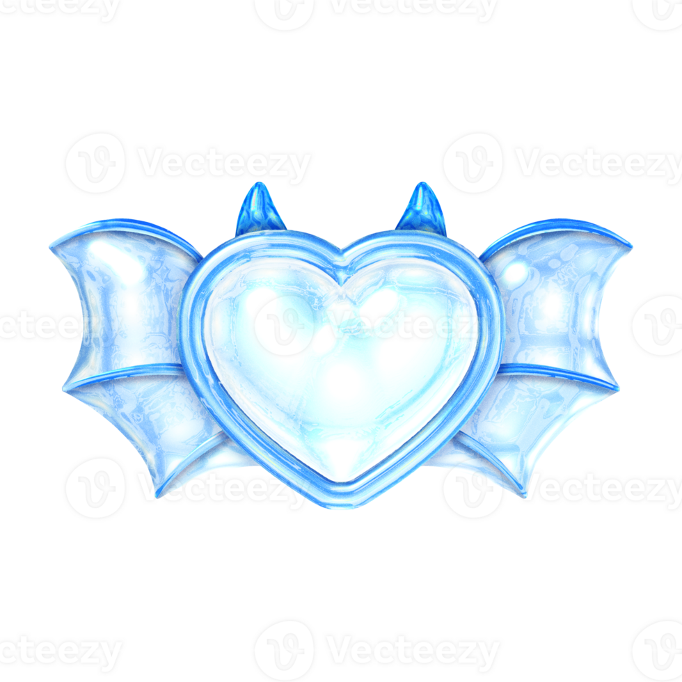 Heart devil wings Y2K blue element sticker with chrome effect png