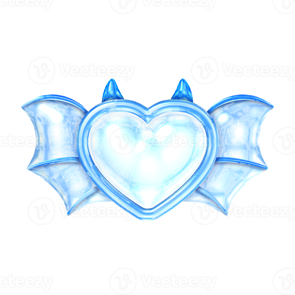 Heart devil wings Y2K blue element sticker with chrome effect png