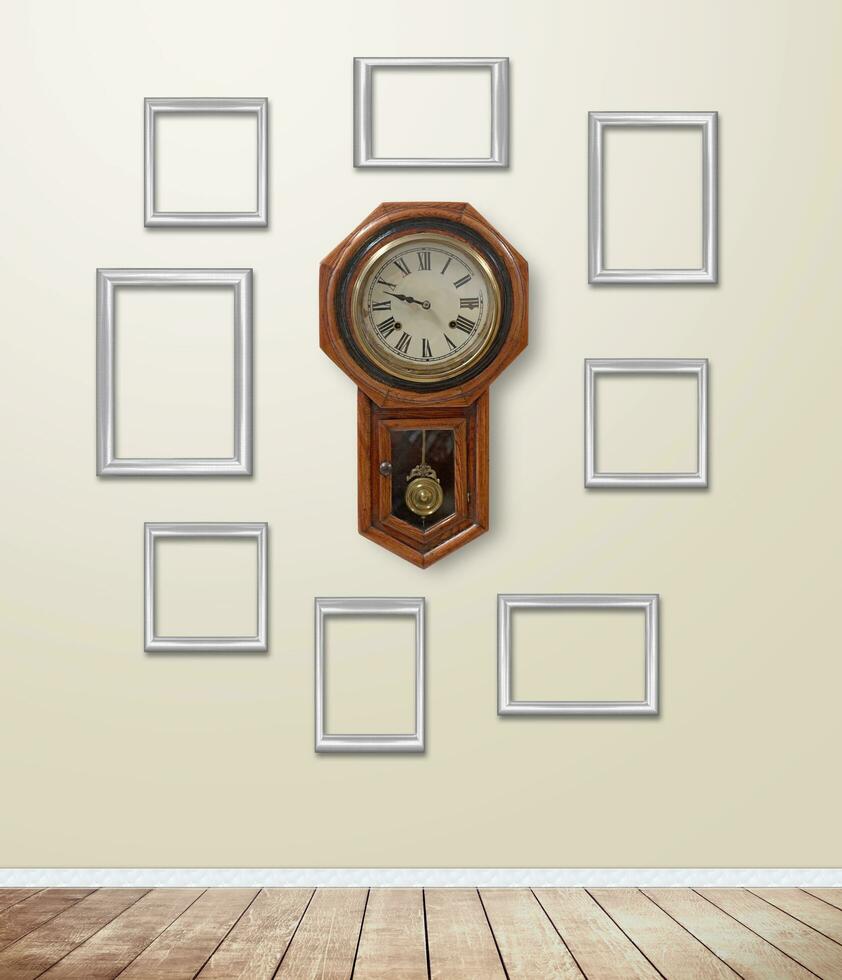 Old clock decor on wallpaper with light flare. photo