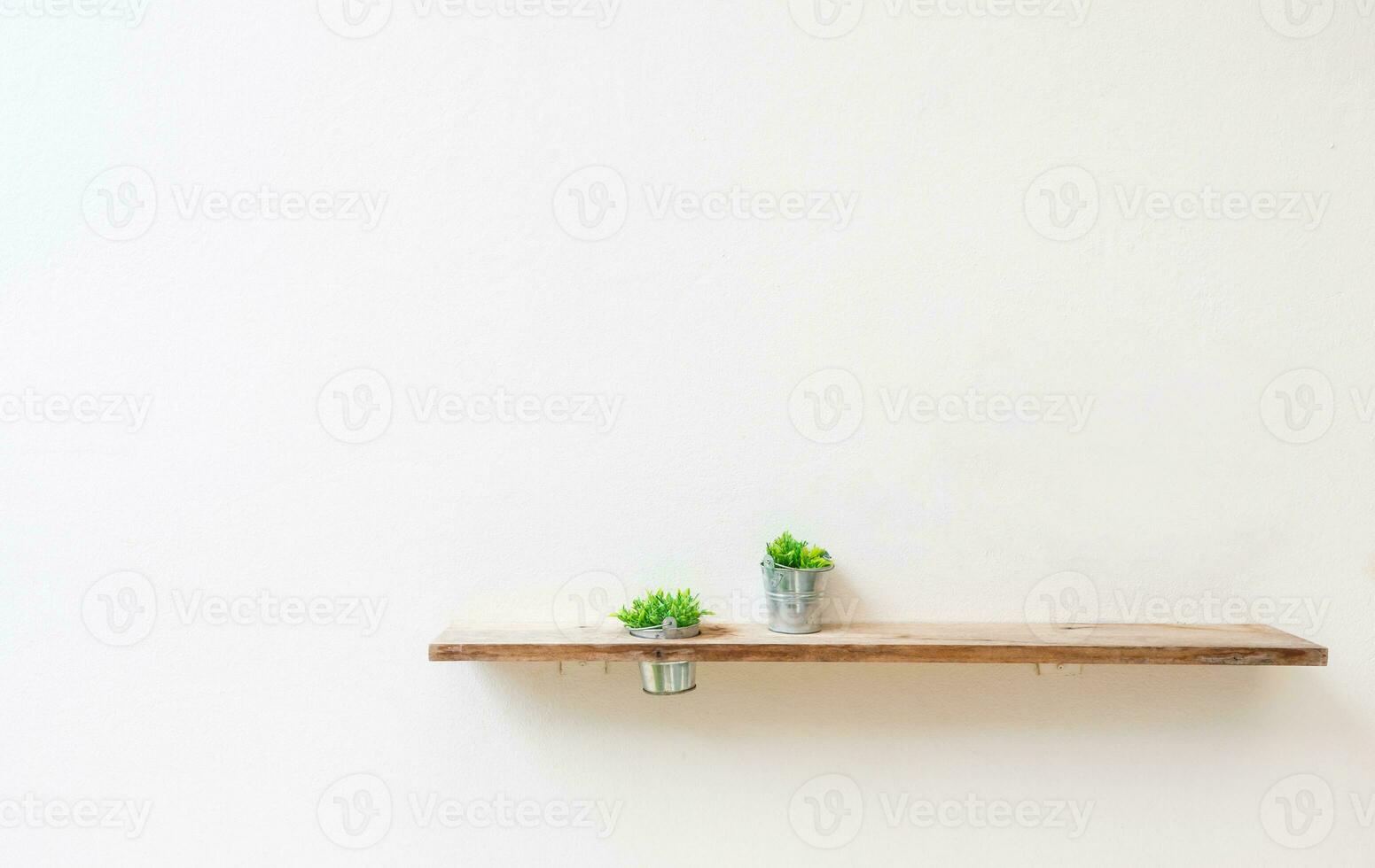 de madera estante en blanco pared con verde planta. foto