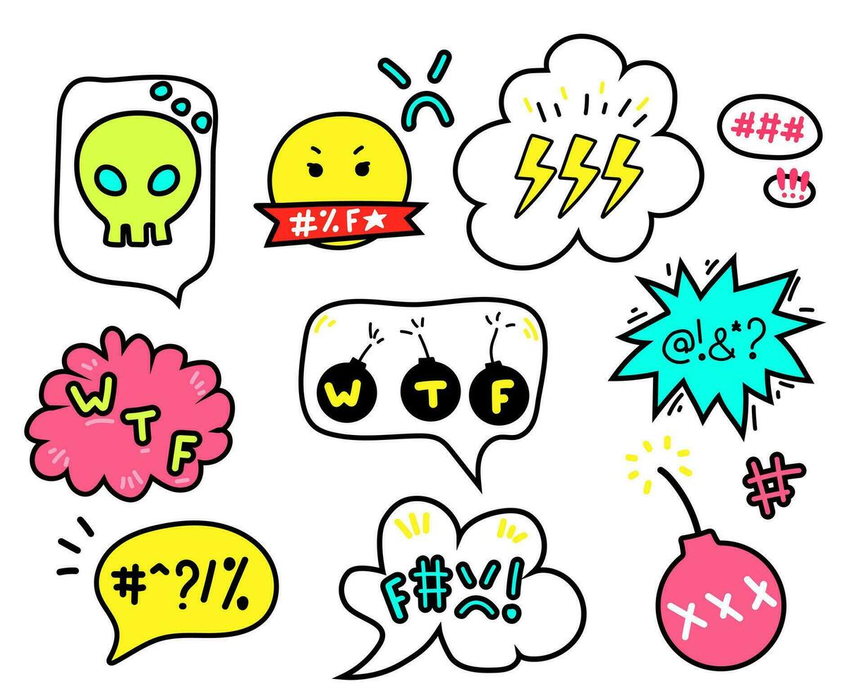 doodle swear word speech bubble set. Curse, rude, swear word for angry, bad, negative expression. vector