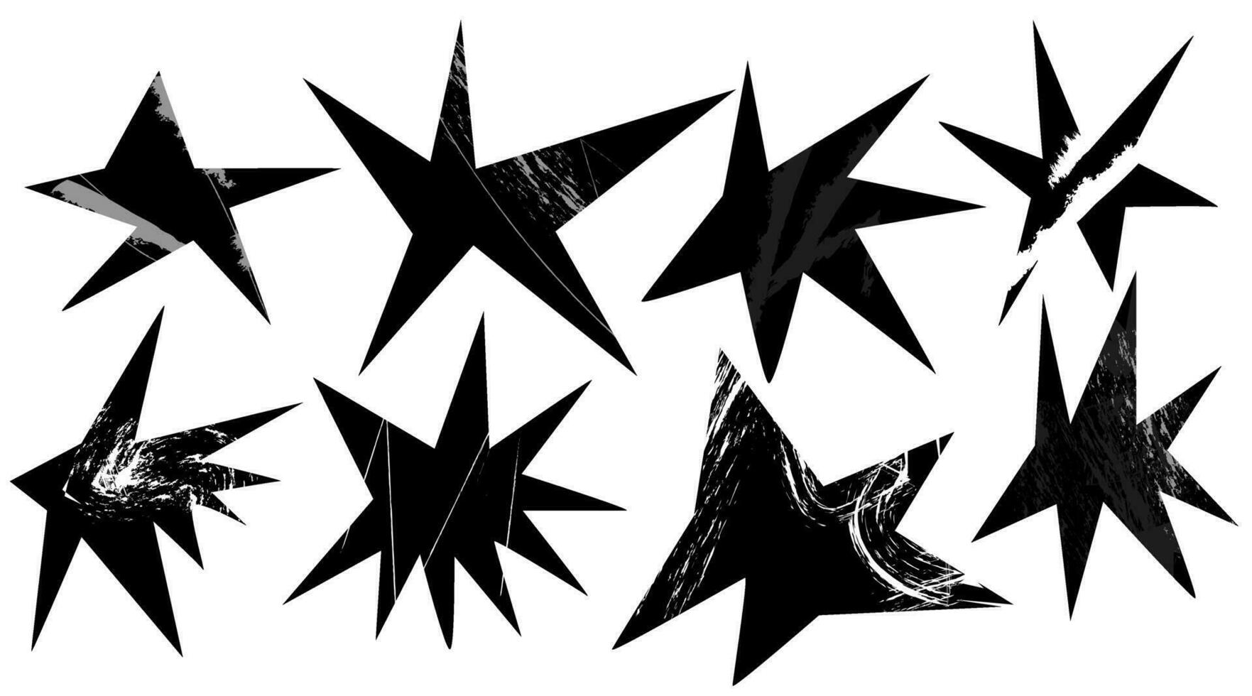 A simple black set of trendy irregular stars. hand drawn shapes with texture vector