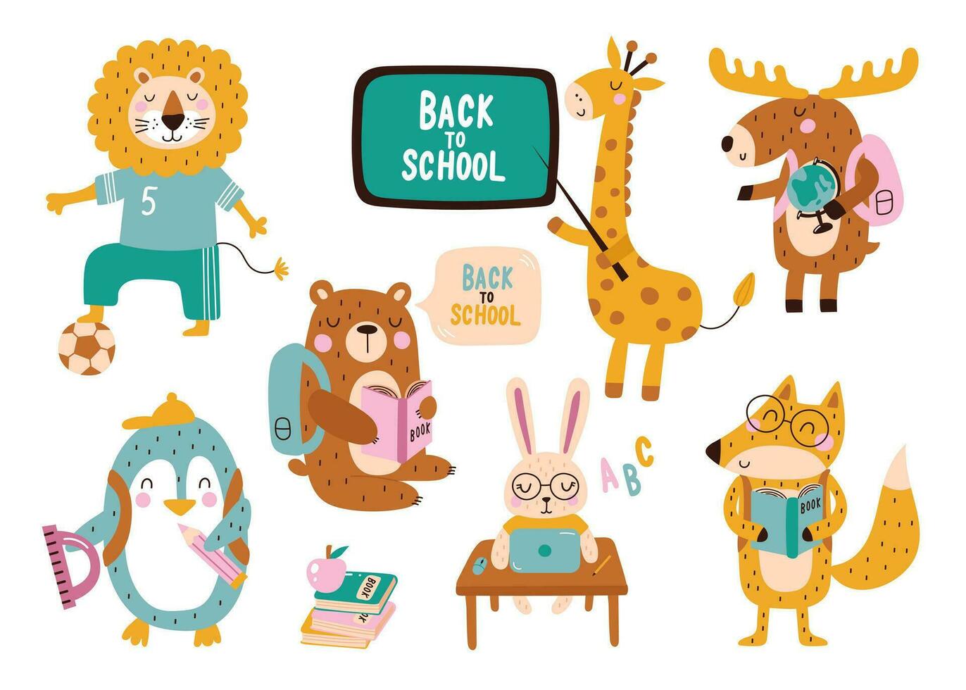 Collection cute animals go to school. Vector illustrations