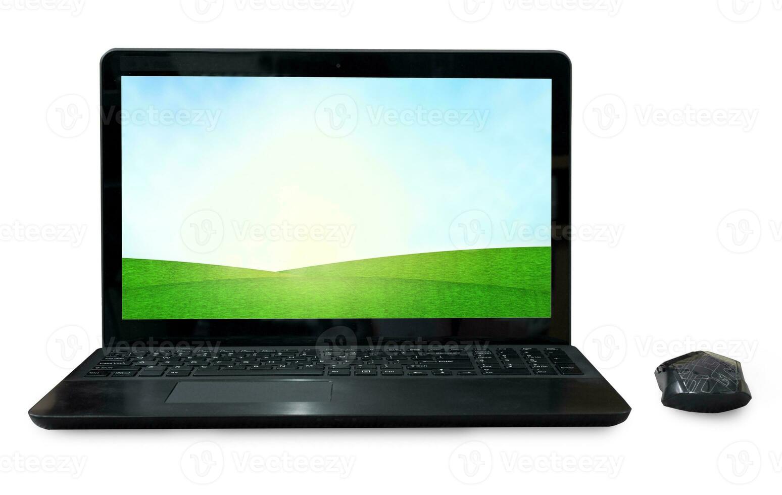 Black Labtop with mouse bluetooth isolated white background. photo