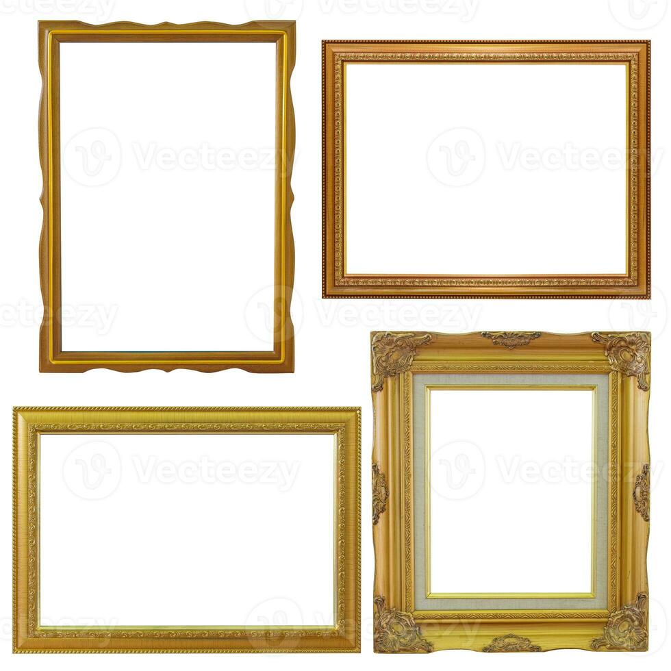 Set of golden frame and wood vintage isolated on white background. photo