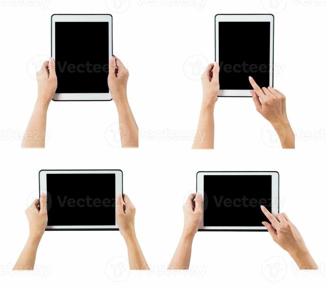 Hands holding tablet set on white background. clipping path photo