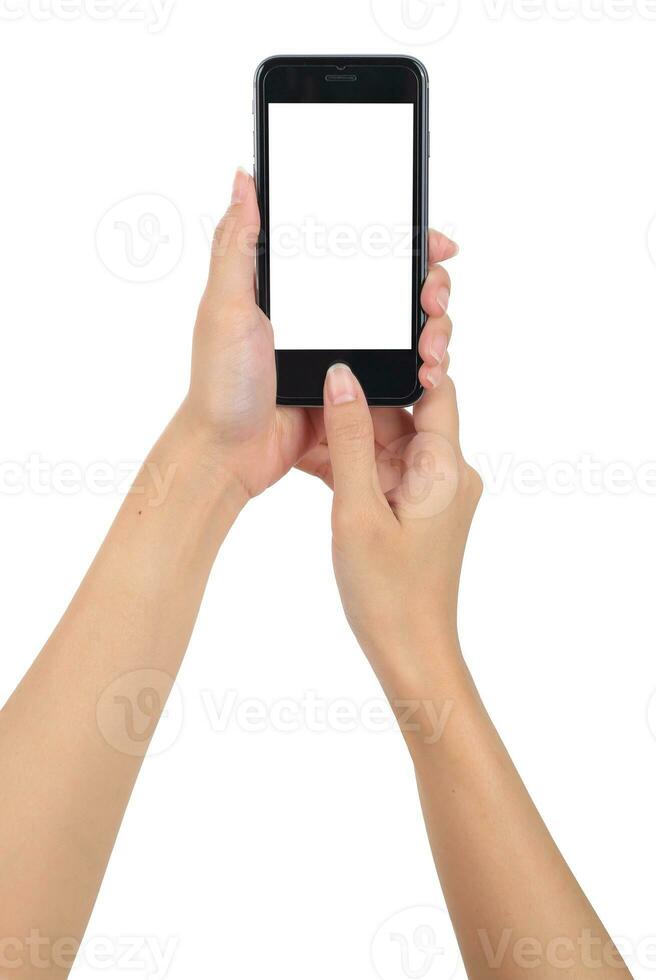 Hand holding smart phone isolated white background, use clipping path photo