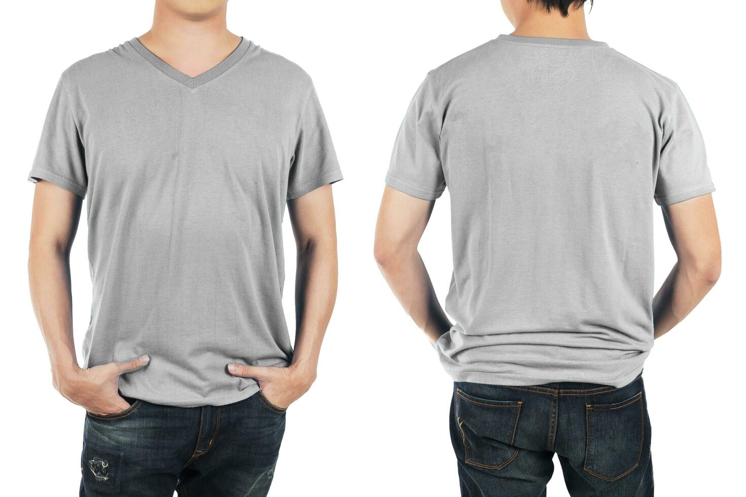 Close up of man in front and back light grey shirt on white background. photo