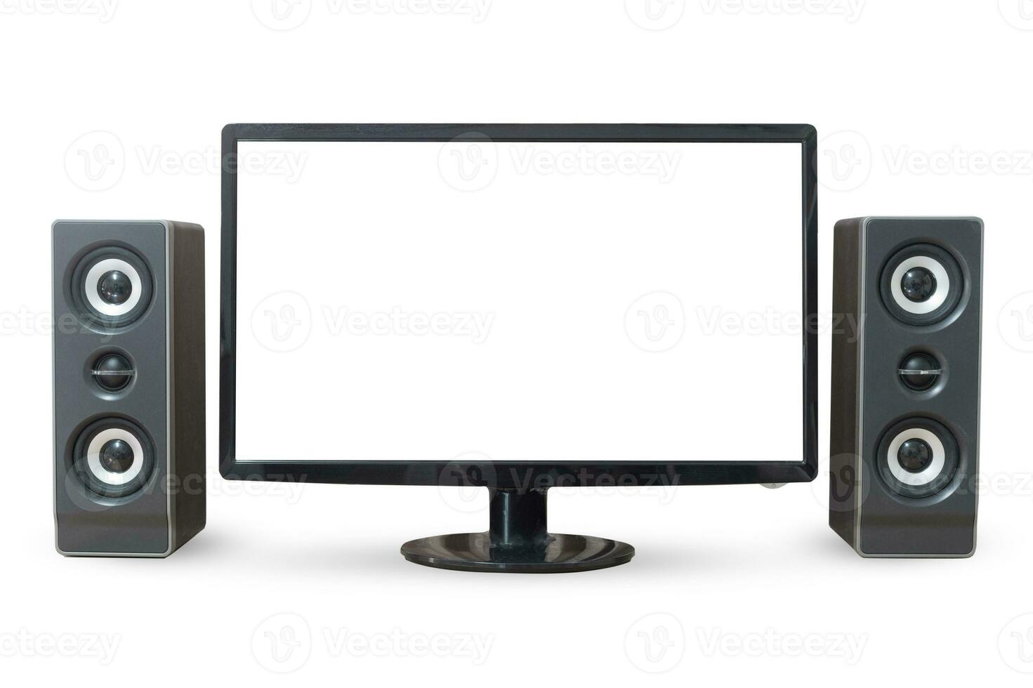 Monitor PC landscape and sound woofer isolated on white background. photo