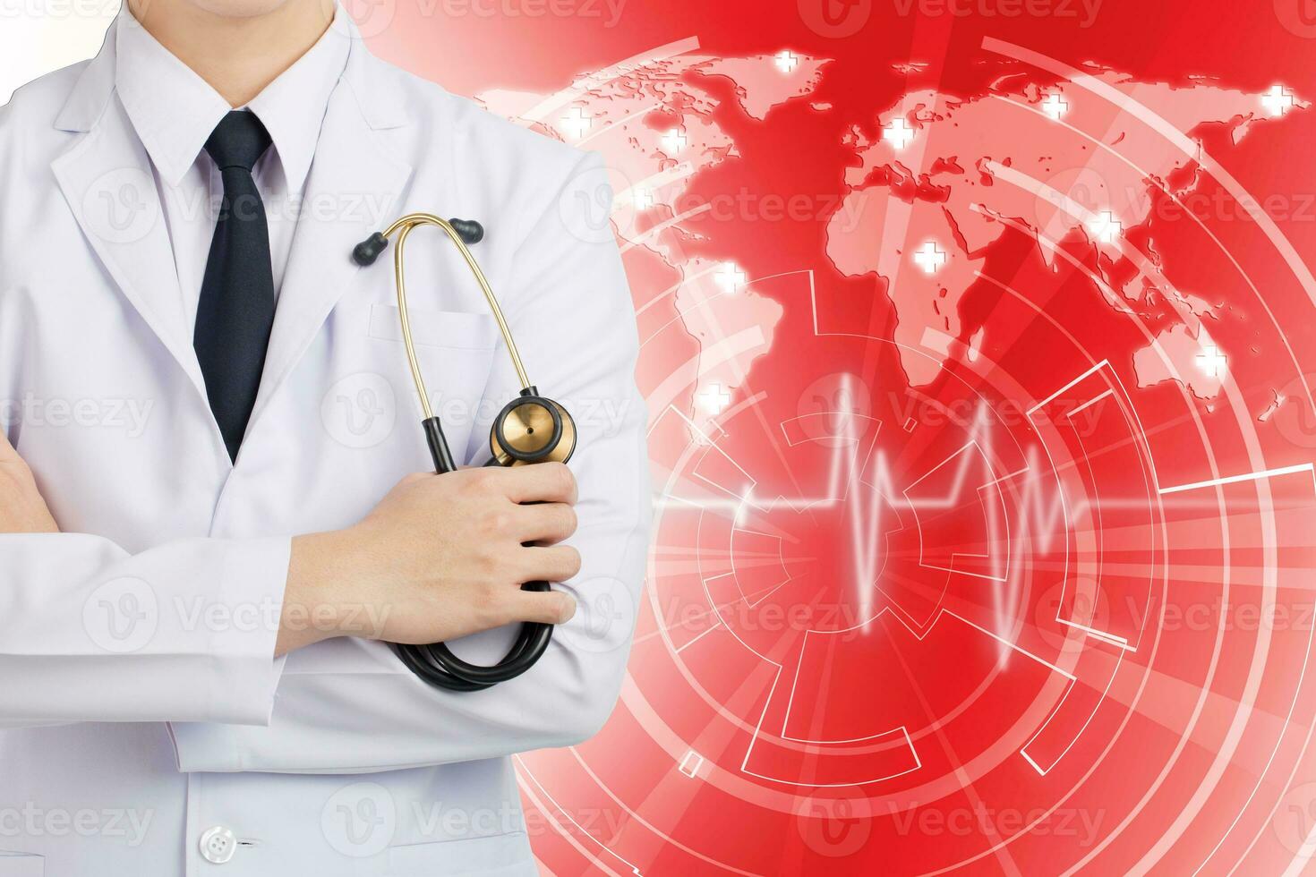 Doctor man posting and holding stethoscope on global network red background. photo