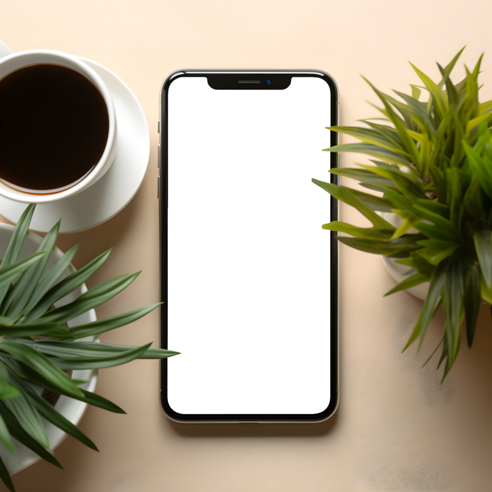 Tabletop Mockup Minimalistic Mobile Phone Screen with Plant Touch, ai generated png