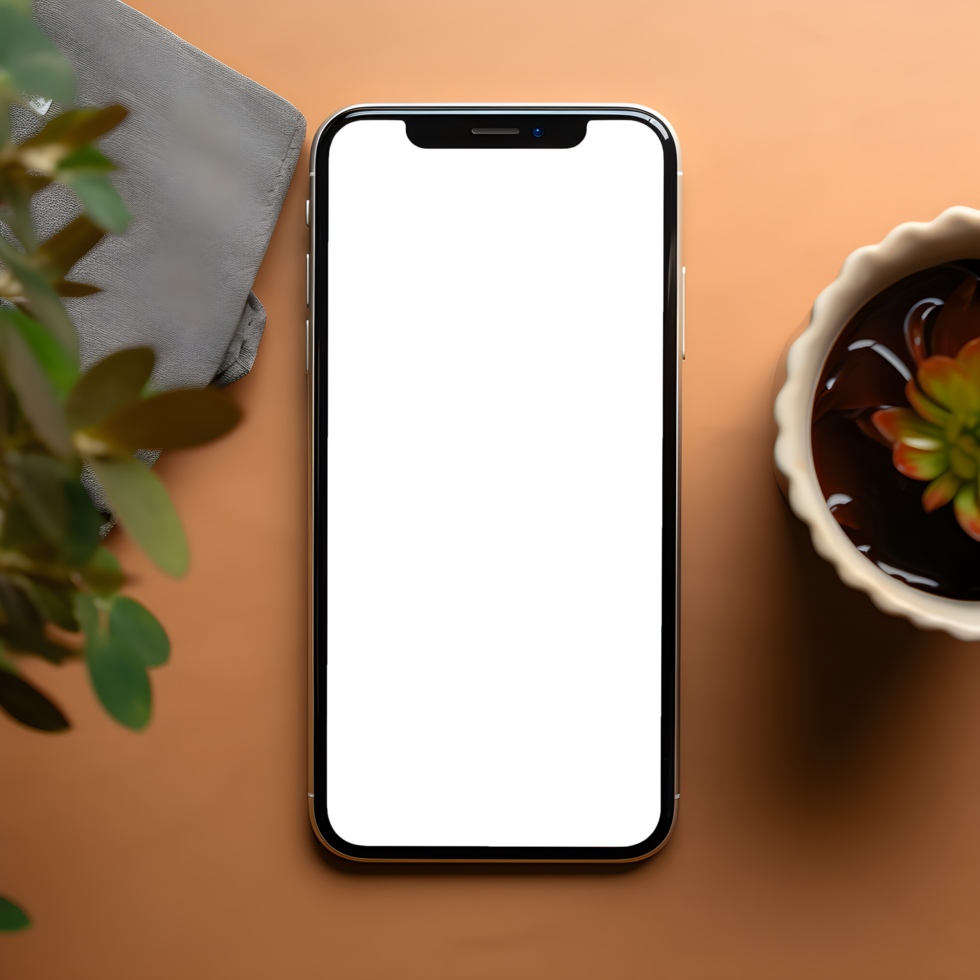 Device Screen Mockup on Table with Plant, ai generated png