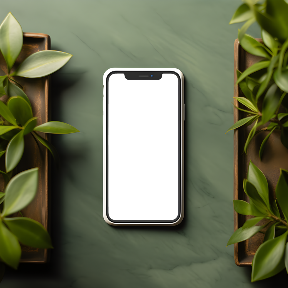 versierd smartphone scherm mockup Aan tafel zichtbaar elegantie, ai gegenereerd png