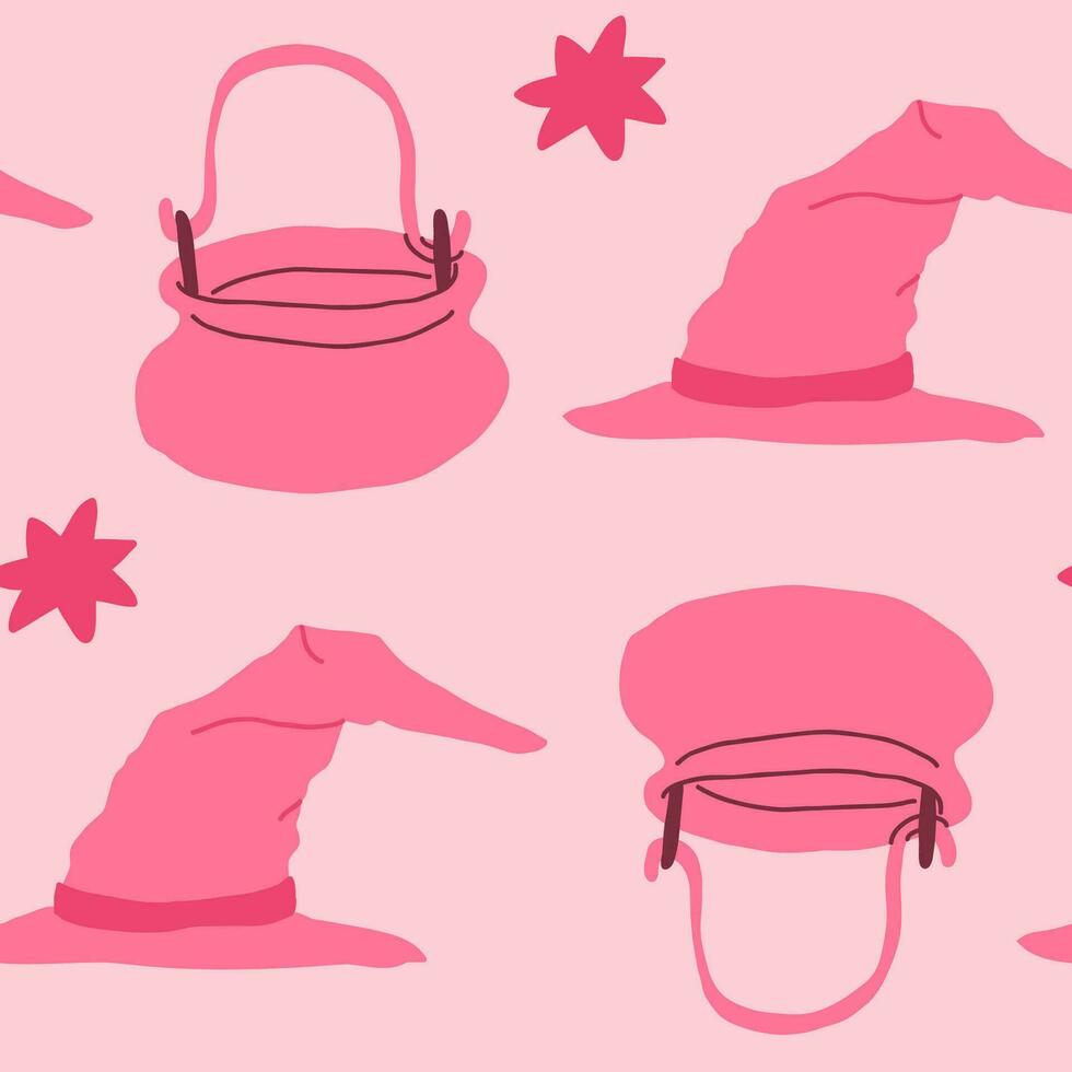 Pink Halloween pattern with stars, magic witch hat, cauldron. vector