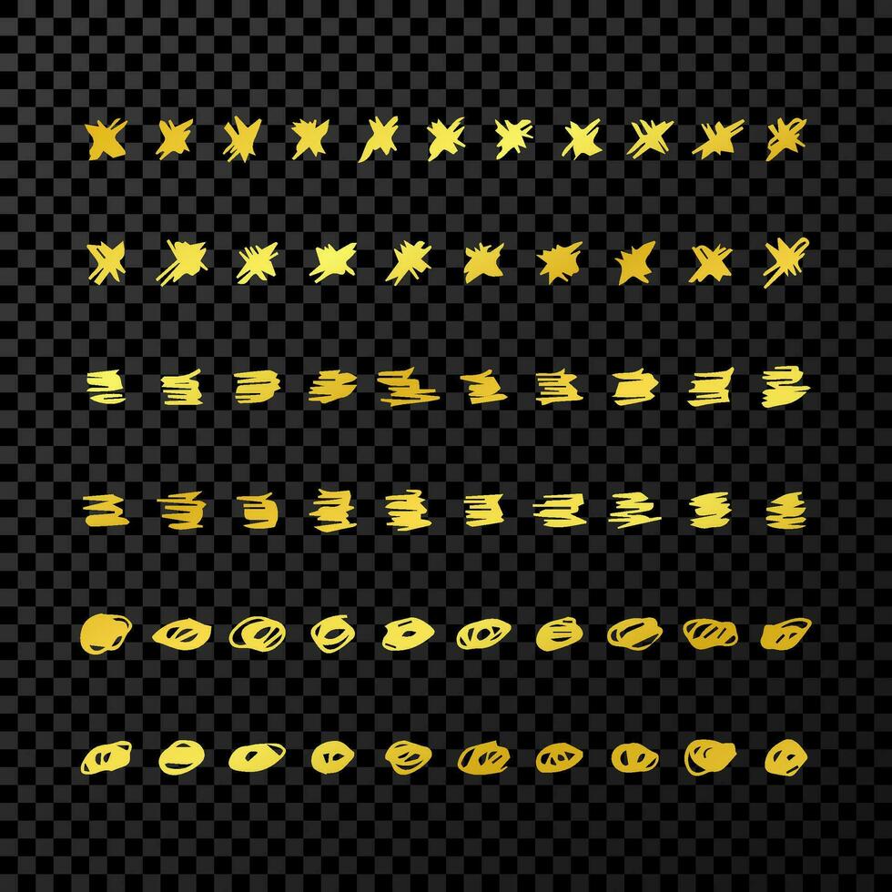 Set of doodle style various marker borders and strokes. Gold hand drawn design elements on dark vector