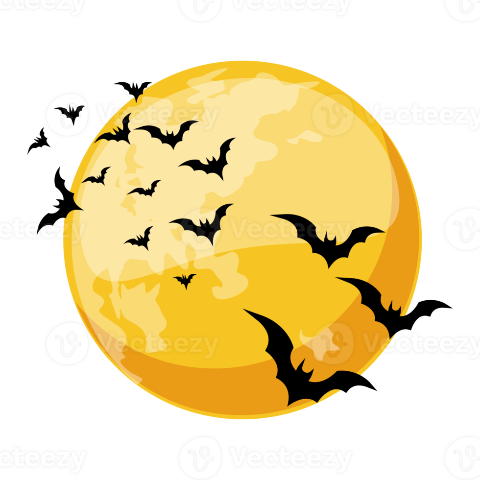 Cartoon orange night moon and bats. Halloween poster, greeting card, postcard. Illustration in cartoon style png