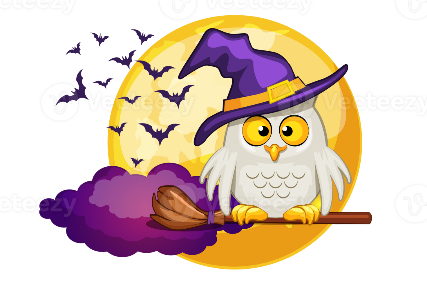 carino gufo nel un' viola strega cappello con un' notte Luna sfondo con pipistrelli. contento Halloween manifesto, saluto carta, cartolina. illustrazione nel cartone animato stile png