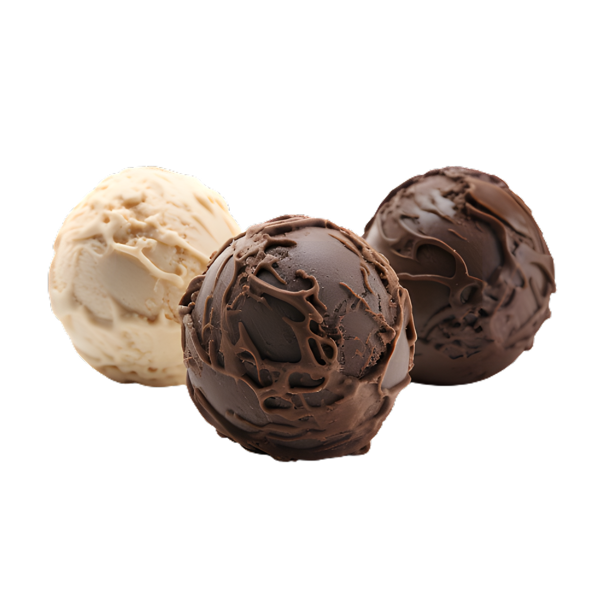 three chocolate ice cream balls isolated on transparent background
