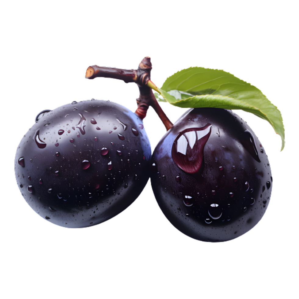 purple plum fruits with green leaves isolated on transparent background png