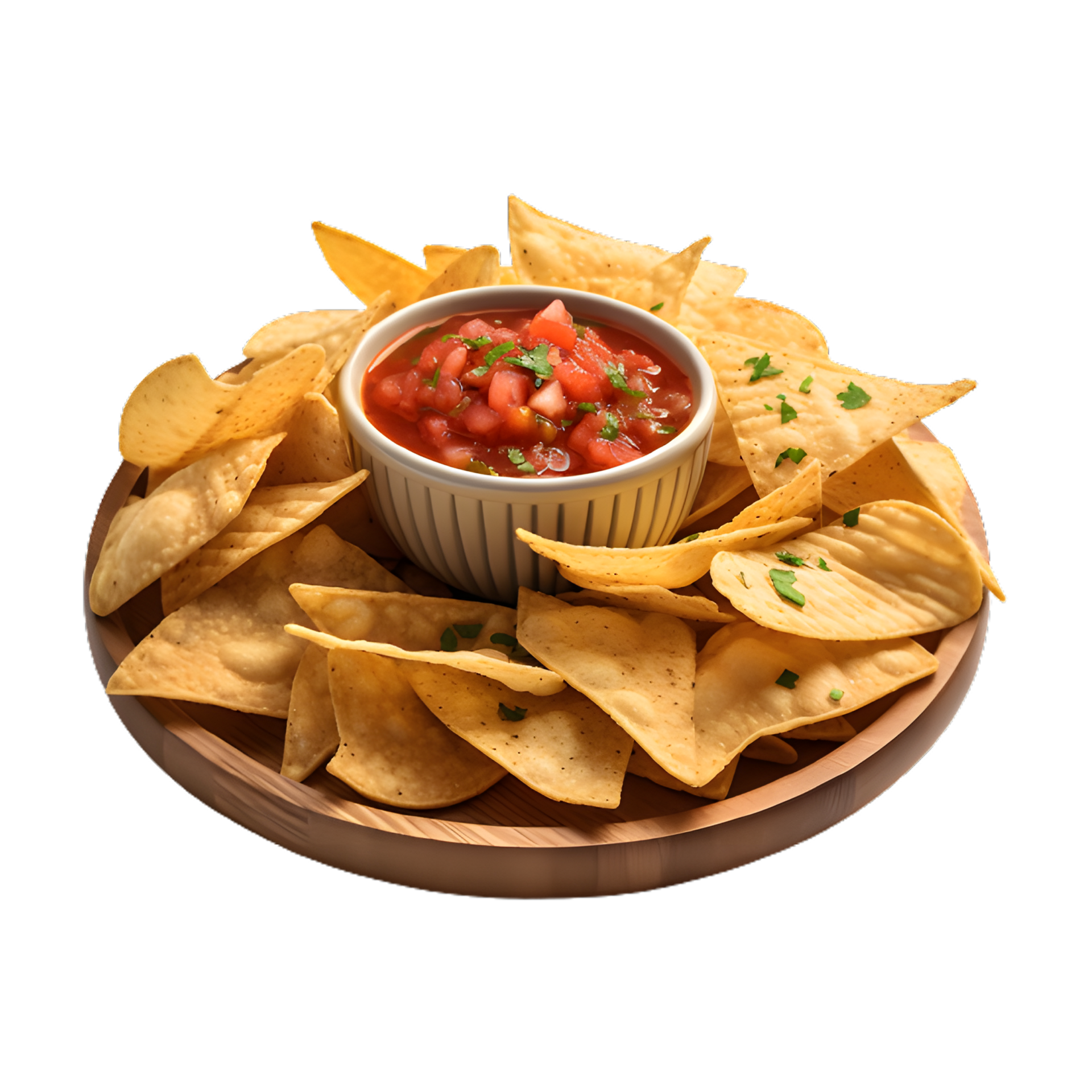 nachos and salsa sauce isolated on transparentbackground, top view