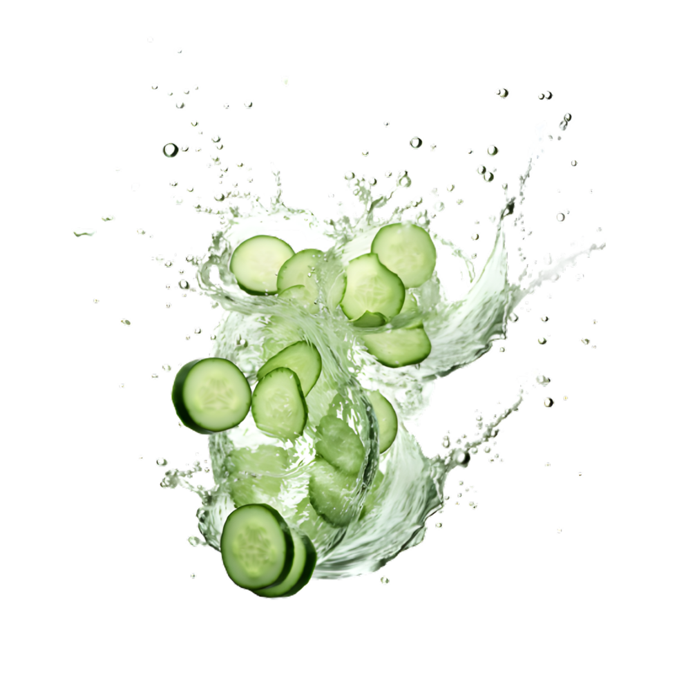 Sliced cucumber splashing water isolated on transparent background. png