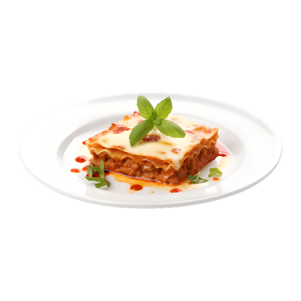 gustoso caldo Lasagna servito con un' basilico foglia su bianca piatto png