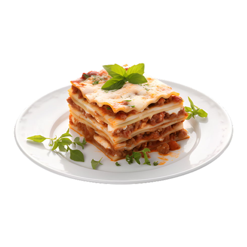 Tasty hot Lasagna served with a basil leaf on white plate png