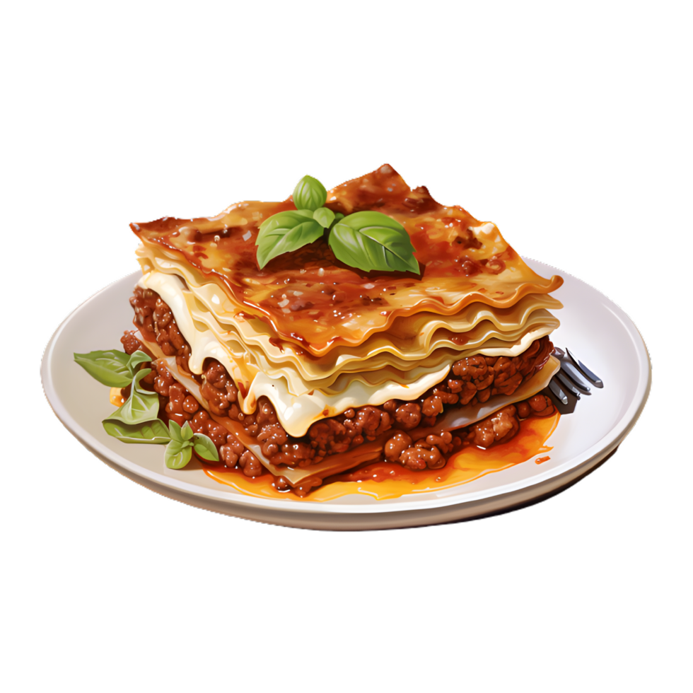 gustoso caldo Lasagna servito con un' basilico foglia su bianca piatto png