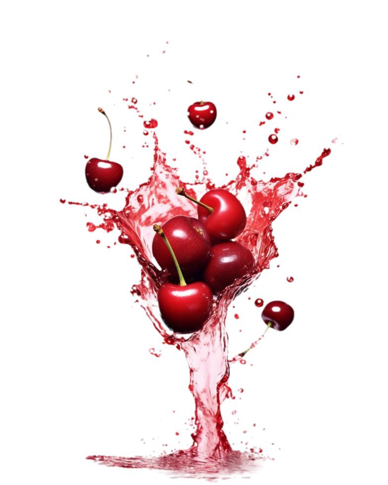 cherries dropped into water splash on transparent background png