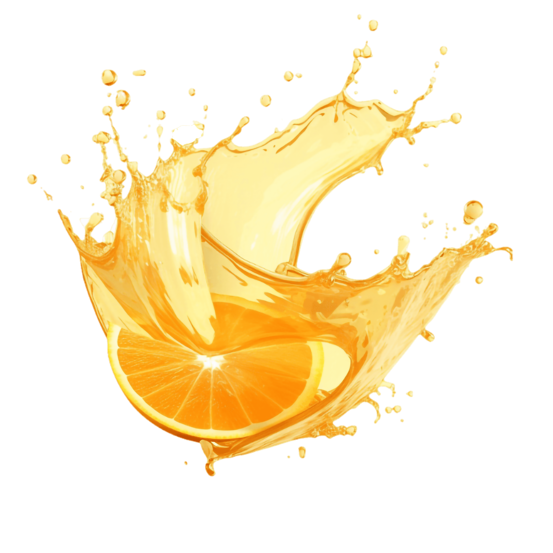 orange juice splash with orange slices on transparent background